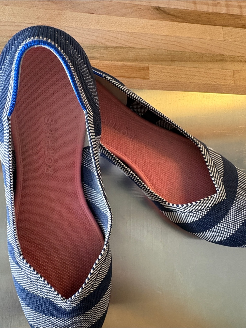 Rothy's Navy Blue and White Striped Ballet Flats with Rust Insole
